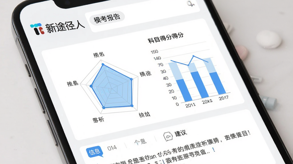 新途径人软件模考成绩分析页面,手机屏幕中显示雷达图与柱状图,展示各科目得分情况,下方有排名信息与建议文字,背景为干净的白色与浅灰色搭配,风格数据可视化,细节包含