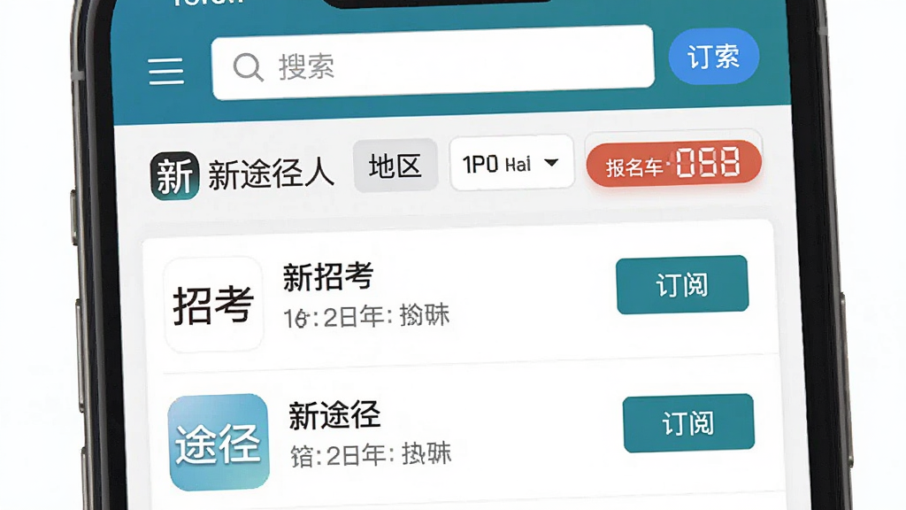 新途径人软件资讯页面,手机屏幕中显示招考公告列表与订阅按钮,屏幕上方有搜索框与地区筛选标签,背景为简洁的列表式布局,风格清爽易读,细节包含