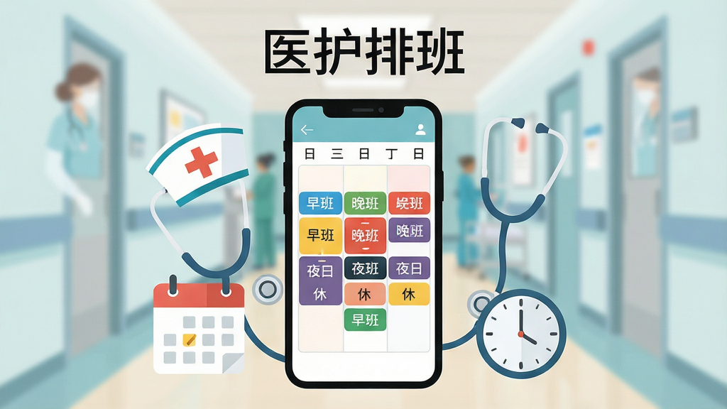一幅展示医护排班软件核心界面的插图,画面中央是一部智能手机,屏幕上显示着色彩清晰的排班日历表格,表格内有早班、晚班、夜班、休等不同颜色的班次标识,手机周围环绕着护士帽、听诊器、日历图标和时钟元素,背景是柔和的医院走廊虚化场景,整体采用扁平化插画风格,细节干净整洁,画质清晰,无多余元素,图片上方有文字“医护排班”