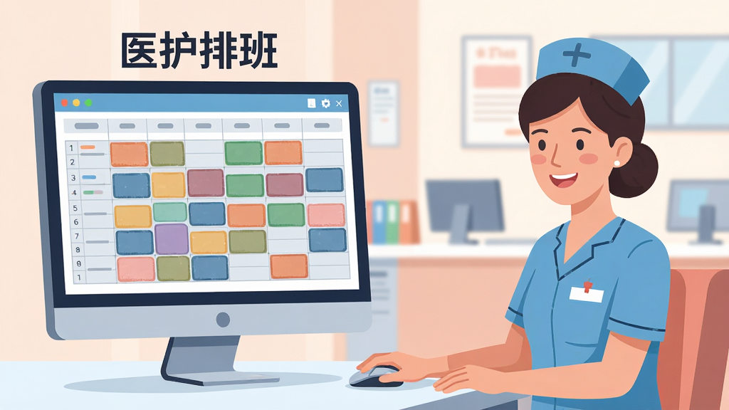 一幅表现智能自动排班功能的AI生图,画面左侧是一台电脑屏幕,屏幕上显示着正在自动生成的排班表格,表格中不同颜色的班次方块整齐排列,右侧是一位穿着护士服的女性管理者微笑着点击鼠标,背景是明亮的护士站,整体风格为现代扁平插画,色彩柔和,细节清晰,画质干净,无多余元素,屏幕上方有文字“医护排班”