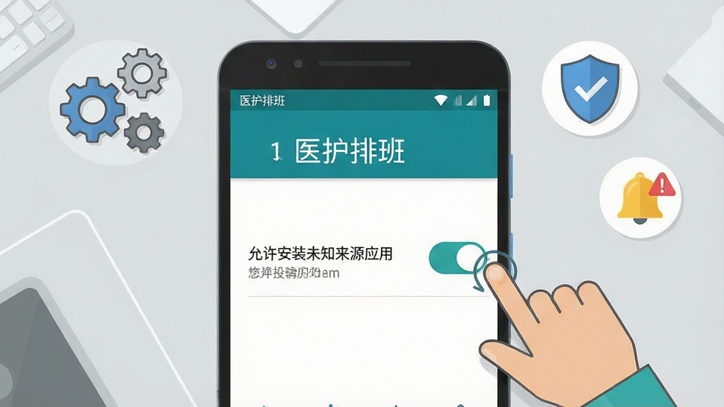 一幅展示手机端安装与权限设置的示意图,画面中一部安卓手机屏幕显示着“允许安装未知来源应用”的开关界面,旁边有手指点击的图标,背景是简洁的灰色桌面,周围有齿轮、盾牌和提醒铃铛的小图标,风格为扁平化科技插画,细节清晰,画质干净,无多余元素,手机屏幕上有文字“医护排班”