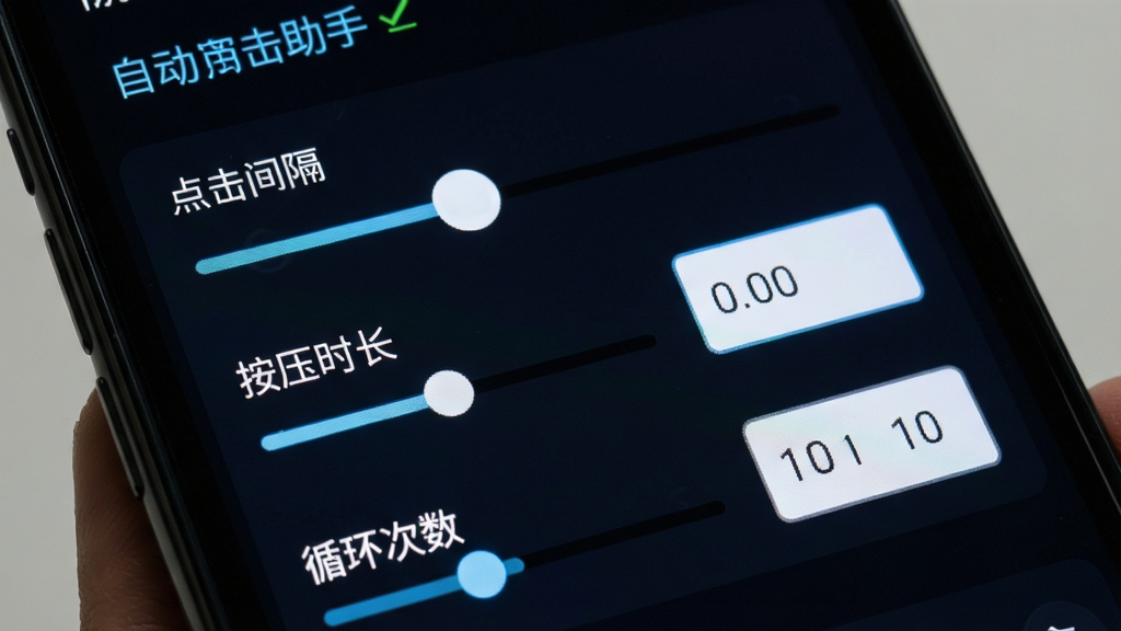 自动连点点击器助手 参数调节面板特写 手机界面展示滑块和数值输入框 包含点击间隔、按压时长、循环次数等设置项 深色背景配亮色文字 布局整齐 高清画质 干净无多余元素