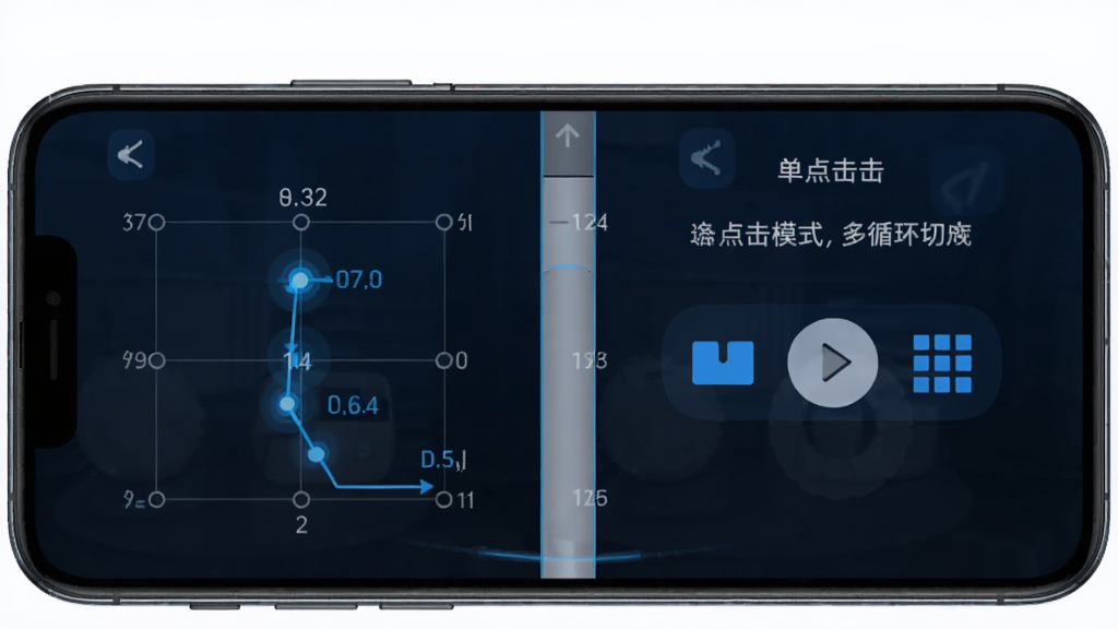自动连点点击器助手 功能展示图 手机屏幕显示单点连击与多点循环模式切换界面 画面中有清晰的坐标标记和轨迹线条 科技蓝色调 排版简洁 细节丰富 高清画质 干净无多余元素