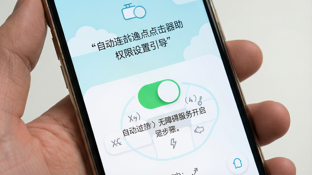 自动连点点击器助手 权限设置引导页面 手机屏幕显示无障碍服务开启步骤 画面中有清晰的开关按钮和说明文字 清新浅色风格 排版简洁 高清画质 干净无多余元素