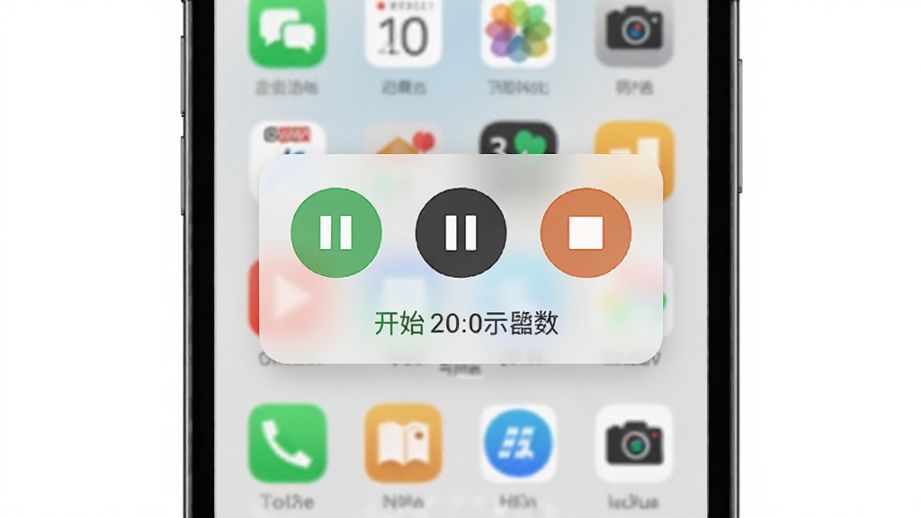 自动连点点击器助手 悬浮控制面板示意图 手机屏幕上层显示半透明悬浮按钮 包含开始暂停停止图标和运行计数 背景为常见应用界面 风格简约 高清画质 干净无多余元素