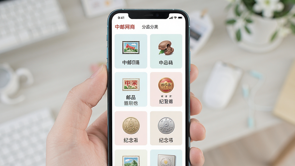 中邮网商城商品分类页面,画面主体为手机屏幕展示邮票、邮品、纪念币等多个分类入口,布局为网格状排列,排版整齐,风格为清新浅色系,细节包含分类图标与文字标签,画质高清,干净,无多余元素