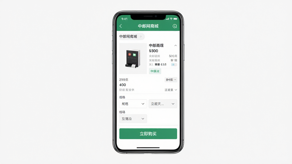 中邮网商城移动端操作界面截图,主体为手机屏幕展示商品详情与下单按钮,布局为上下结构,排版清晰,风格为素雅极简,细节包含价格、规格选择、立即购买按钮,画质高清,干净,无多余元素