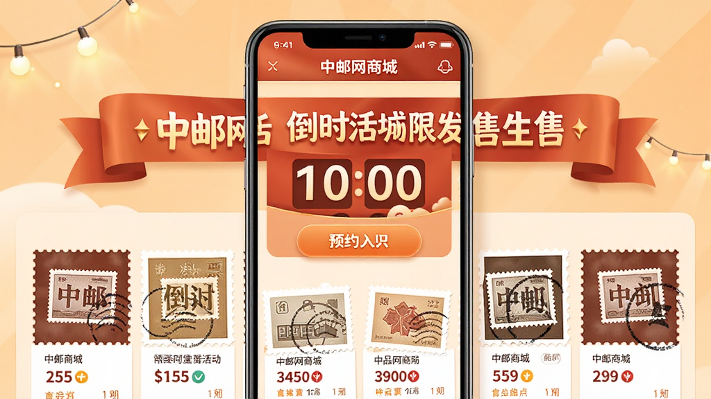 中邮网商城限时发售活动页面,主体为手机屏幕展示倒计时与邮票抢购入口,布局突出活动横幅与商品卡片,排版紧凑,风格为暖色促销氛围,细节包含倒计时数字、预约按钮、邮票图案,画质高清,干净,无多余元素