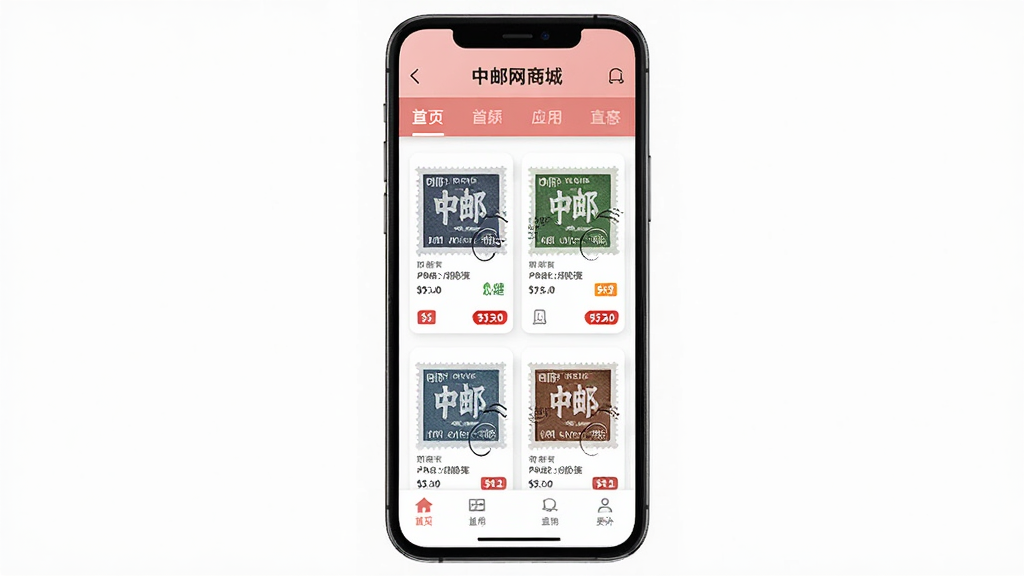 中邮网商城手机应用主界面展示,主体为一部智能手机,屏幕内呈现邮票商品列表与导航栏,布局居中,排版清晰,风格为现代简约扁平化,细节包含邮票缩略图、价格标签、底部菜单栏,画质高清,干净,无多余元素