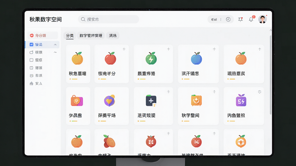 画面展示“秋果数字空间”的数字资产管理界面,主体为整齐排列的资产卡片,每张卡片上有图标与名称,布局采用网格状排列,风格为简约清爽的浅色系,细节包含搜索栏与分类标签,画质高清,界面干净,无多余元素