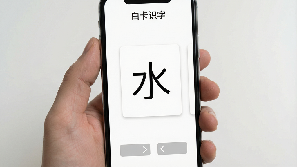 一张展示白卡识字无广告纯净界面的图片,画面中手机屏幕上显示简洁的识字卡片界面,没有任何广告横幅或弹窗,界面顶部有“白卡识字”四个字,中间是汉字“水”的卡片,底部有翻页按钮,背景是纯白色,风格极简清爽,画质清晰,干净无多余元素