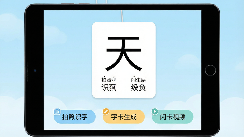 一张展示白卡识字软件主界面的图片,画面中央是一张白色识字卡片,卡片上写着汉字“天”并配有拼音和组词,卡片下方有“拍照识字”“字卡生成”“闪卡视频”三个功能按钮,背景是柔和的浅蓝色渐变,整体风格清新简洁,适合儿童使用,画质清晰,干净无多余元素