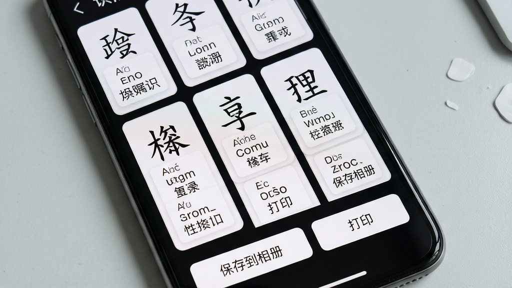 一张展示白卡识字字卡生成功能的图片,画面中手机屏幕上显示多张识字卡片排列成网格状,每张卡片上有汉字、拼音和组词,卡片下方有“保存到相册”和“打印”按钮,背景是浅灰色桌面,风格简洁实用,画质清晰,干净无多余元素