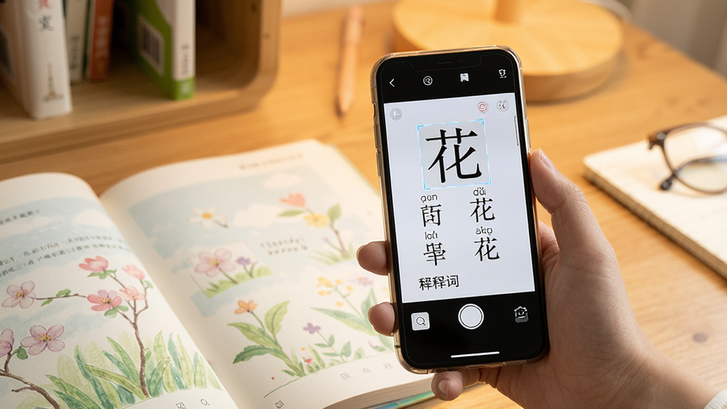 一张展示白卡识字拍照识字功能的图片,画面中一只手拿着手机对着打开的课本拍照,手机屏幕上显示识别出的汉字“花”以及拼音、组词和释义,背景是温馨的书桌场景,风格写实清晰,画质细腻,干净无多余元素