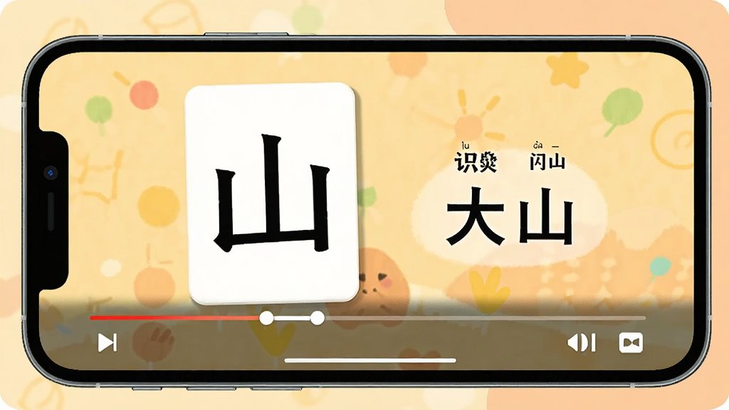 一张展示白卡识字闪卡视频教程的图片,画面中手机横屏播放视频,屏幕上显示汉字“山”的闪卡动画,旁边有拼音和组词“大山”,画面下方有进度条和播放控制按钮,背景是柔和的暖色调,风格活泼生动,画质清晰,干净无多余元素