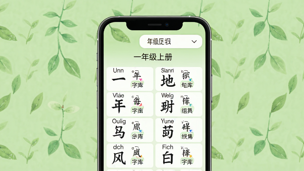 一张展示白卡识字教材同步字库的图片,画面中手机屏幕上显示“一年级上册”字库列表,每个汉字旁边有拼音和组词,界面上方有年级选择下拉菜单,背景是浅绿色,风格清新自然,画质清晰,干净无多余元素