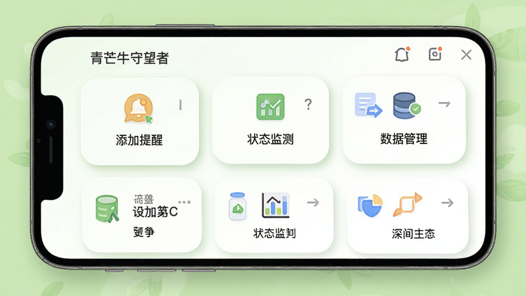 画面展示青芒牛守望者软件的操作界面,手机屏幕显示多个功能卡片,卡片上有图标和文字说明,如“添加提醒”“状态监测”“数据管理”。背景为浅绿色,风格清新自然,细节包括圆角卡片和柔和阴影,画质高清,干净无多余元素