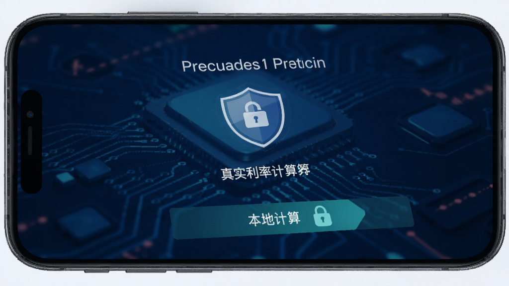 真实利率计算器应用界面展示隐私安全设置页面,屏幕上有盾牌图标和本地计算标识,背景为深蓝色科技感风格,画面干净简洁,突出安全与隐私保护概念,画质高清