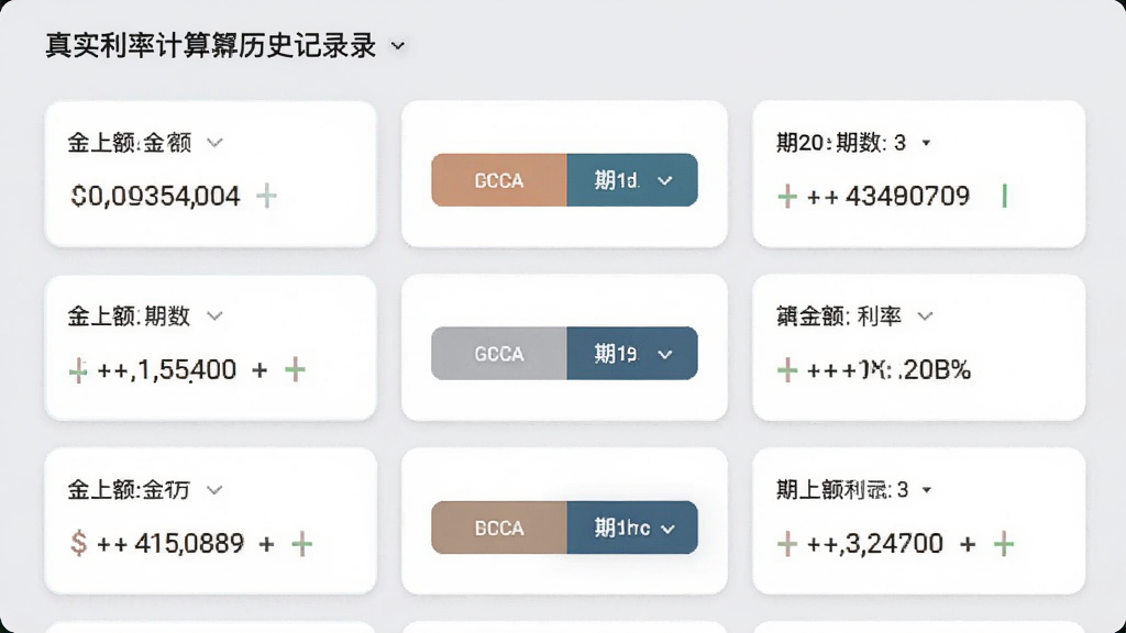 真实利率计算器历史记录页面,屏幕上排列着多条计算记录卡片,每条记录显示金额、期数和利率,卡片之间有对比按钮,整体风格简约现代,背景为浅灰色,画质清晰,布局整齐