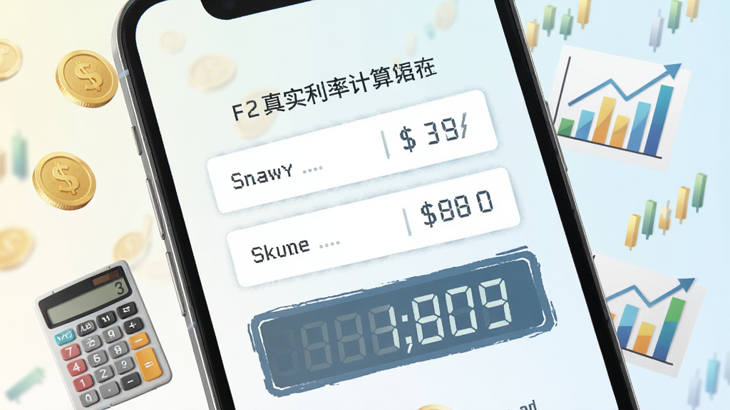 一张手机屏幕展示真实利率计算器应用主界面,界面中央有醒目的利率计算输入框和结果展示区域,背景为干净的浅色渐变,周围环绕着金币、计算器和图表等金融元素,整体风格简洁商务,画质清晰,无多余元素