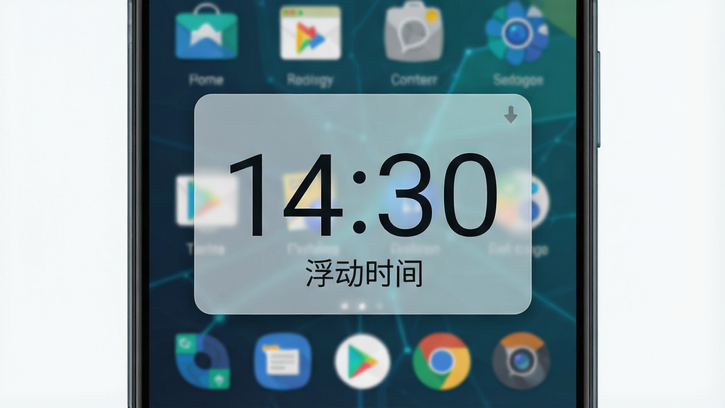 一张展示安卓手机屏幕的图片,屏幕中央悬浮着一个半透明的数字时钟窗口,时钟显示时间为14:30,背景是手机桌面,有若干应用图标,整体风格简洁科技感,画面干净整洁,主体突出,布局居中,排版清晰,风格为现代扁平化,细节精致,画质高清,文字清晰显示“浮动时间”,无多余元素