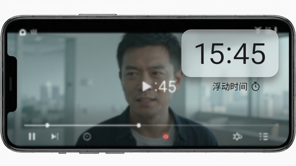一部安卓手机横屏显示视频播放界面,屏幕右上角悬浮着一个圆角矩形的时钟窗口,显示“15:45”,时钟带有轻微阴影和半透明效果,背景是视频画面,整体风格为现代科技风,主体是悬浮时钟,布局在右上角,排版简洁,细节清晰,画质高清,文字“浮动时间”出现在时钟下方,干净无多余元素