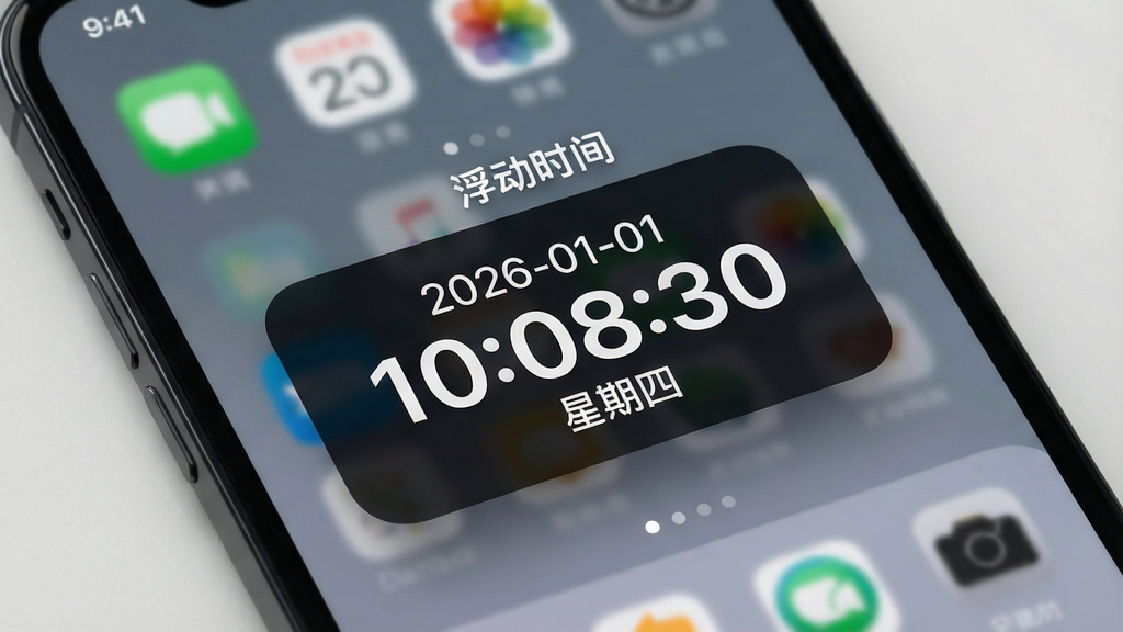 一张手机屏幕特写图,屏幕中央悬浮着一个数字时钟,显示“2026-01-01 10:08:30 星期四”,字体为白色,背景为深色半透明圆角矩形,周围是手机应用界面,整体风格简约大气,主体是时钟窗口,布局居中,排版整齐,细节精致,画质高清,文字“浮动时间”在时钟上方,画面干净无多余元素