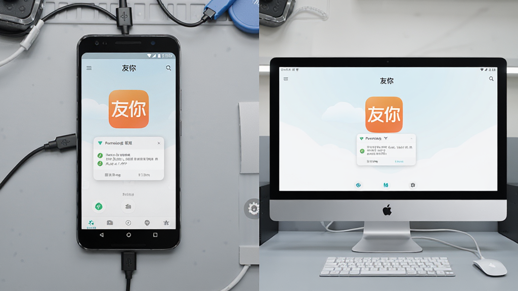 一张展示“友你”APP在安卓手机与模拟器上同时运行的对比图,主体为左侧手机与右侧电脑显示器,屏幕内均显示友你界面;布局为左右并排,背景为浅灰色工作台;排版突出设备差异,风格为科技感写实合成,细节包括连接线、设置图标、权限弹窗;画质高清,干净,无多余元素。