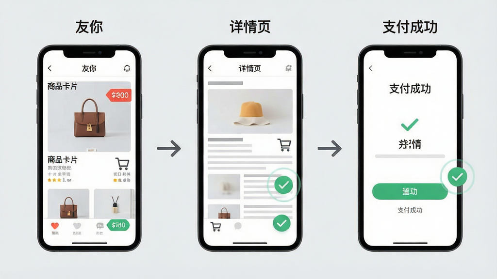 一张展示“友你”APP电商购买流程的示意图,主体为手机屏幕内从左到右依次排列“商品卡片”、“详情页”、“支付成功”三个界面;布局为水平三屏并排,背景为浅灰色;排版清晰展示流程箭头,风格为扁平化UI示意图,细节包括价格标签、购物车图标、对勾动画;画质高清,干净,无多余元素。