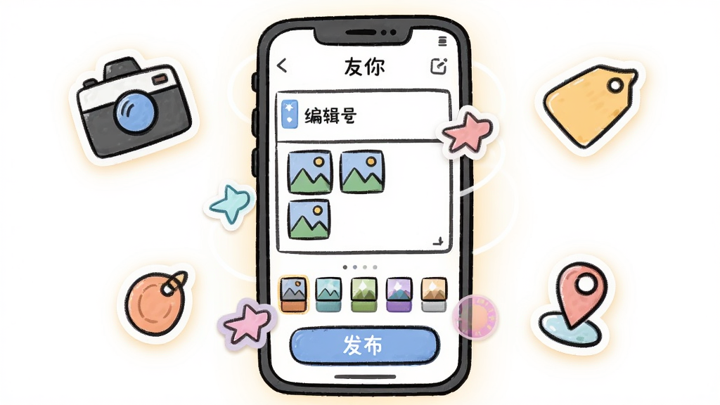 一张展示“友你”APP动态发布界面的插图,主体为手机屏幕内显示编辑框、图片缩略图、滤镜选项与发布按钮;布局为居中手机模型,周围环绕相机、标签、位置图标;排版突出编辑区域,风格为清新手绘风,细节包括彩色贴纸、柔和光晕;画质高清,干净,无多余元素。