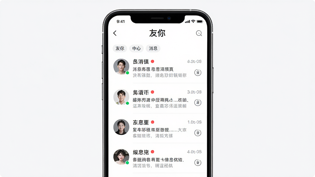 一张展示“友你”APP消息中心界面的示意图,主体为手机屏幕内显示消息列表,包含头像、未读红点、消息摘要;布局为垂直列表,背景为白色;排版整洁,风格为极简UI,细节包括分类标签、时间戳、免打扰图标;画质高清,干净,无多余元素。