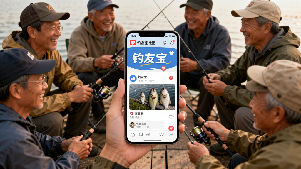 画面展示一群钓鱼人围坐在一起交流,中间有一部手机屏幕显示“钓友宝”社区界面,布局为人物环绕手机,排版为圆形构图,风格温暖社交风,细节包括笑脸、渔获照片、手机上的点赞图标,画质高清,干净,无多余元素