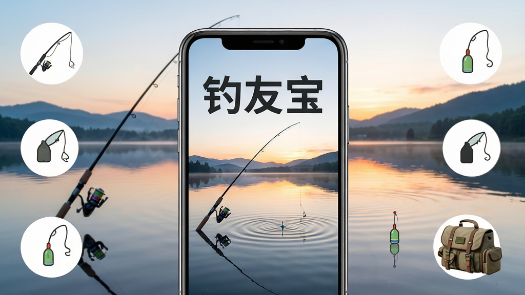 画面中央一部智能手机,屏幕上显示钓鱼应用界面,上方有“钓友宝”三个大字,背景是清晨湖边钓鱼场景,有钓竿、水波纹、远山和朝霞,布局为手机居中,周围环绕钓鱼元素图标,排版简洁清晰,风格写实清新,细节包括水面倒影、鱼漂、渔具包,画质高清,干净,无多余元素