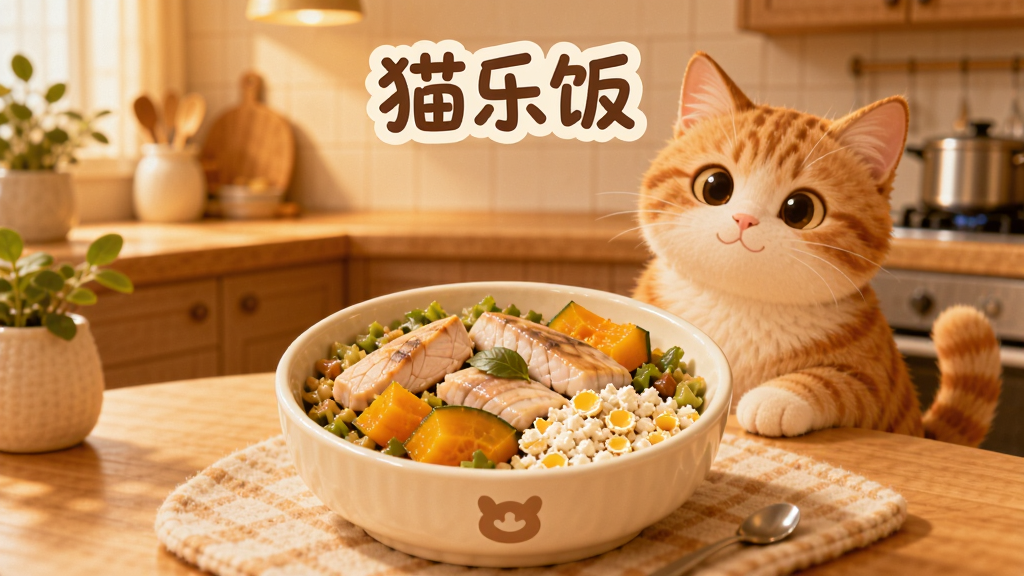 一只橘猫坐在餐桌前,面前摆着一碗色彩丰富的猫饭,包含鸡肉、鱼肉、南瓜和蛋壳粉,背景是温馨的厨房环境,暖色调光线,画面中央上方有