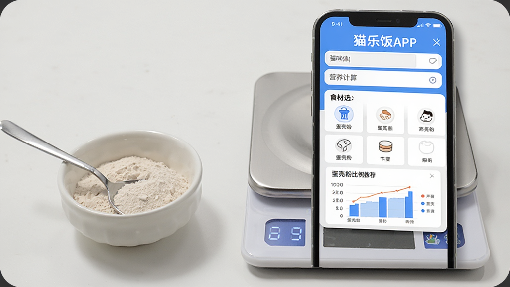 猫乐饭APP营养计算界面,屏幕显示猫咪体重输入框和食材选择列表,下方有蛋壳粉比例推荐图表,界面采用蓝色和白色配色,旁边放着一小碗蛋壳粉和电子秤,背景简洁,画质清晰,无多余元素