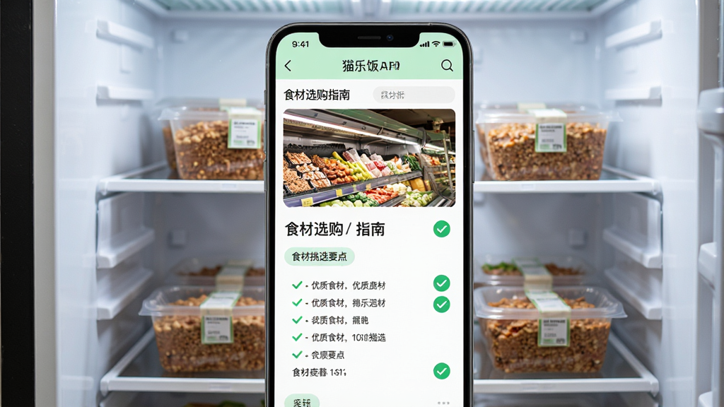 猫乐饭APP食材选购指南页面,屏幕显示超市肉类柜台照片和食材挑选要点文字,界面有绿色对勾标记优质食材,背景是冰箱冷藏室,里面整齐摆放着分装好的猫饭食材,整体风格干净整洁,画质清晰,无多余元素