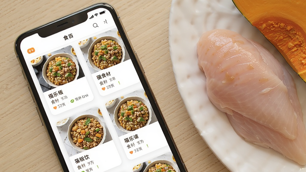 手机屏幕展示猫乐饭APP的食谱列表界面,屏幕中显示多张猫饭成品图卡片,每张卡片标注食材名称和营养数据,背景为浅色木纹桌面,旁边放着新鲜鸡胸肉和南瓜,整体风格清新自然,细节清晰,画质干净,无多余元素