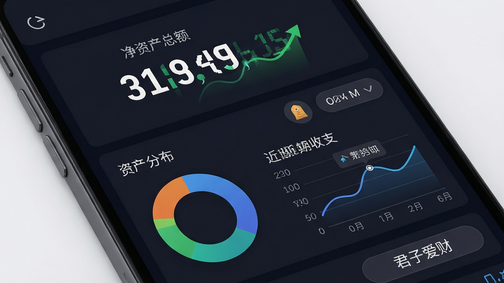 主体为手机屏幕展示资产总览仪表盘,布局为上下结构,上方是净资产总额大字显示,下方是资产分布环形图和近期收支折线图,排版清晰,风格为深色商务风,细节包括数字动画效果、账户图标、时间筛选按钮,画面中显示文字