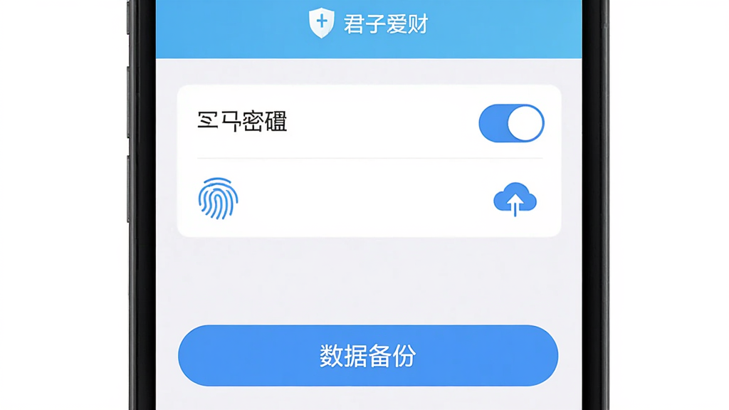 主体为手机屏幕展示君子爱财应用设置界面,布局为上下结构,上方是安全设置选项列表,下方是数据备份按钮,排版清晰,风格为浅色系扁平化设计,细节包括手势密码开关、指纹图标、云端备份标识,画面中显示文字
