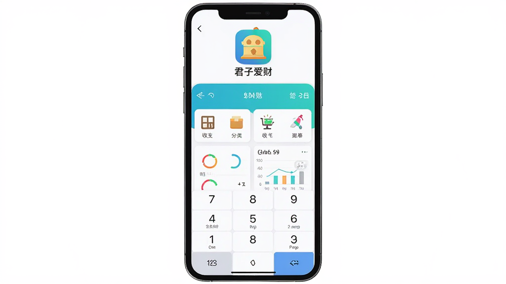 主体是一个简洁的记账APP界面展示,布局为手机屏幕居中放置,排版采用上下结构,上方是应用图标和名称