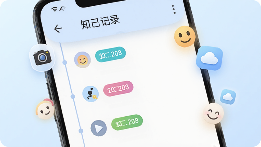一部安卓手机屏幕特写,屏幕上显示知己记录的时间轴页面,每条记录带有小图标和彩色标签,旁边漂浮着相机、笑脸、云朵等小图标,背景为淡蓝色渐变,整体呈现轻盈科技感,画面干净明亮,文字“知己记录”出现在屏幕顶部