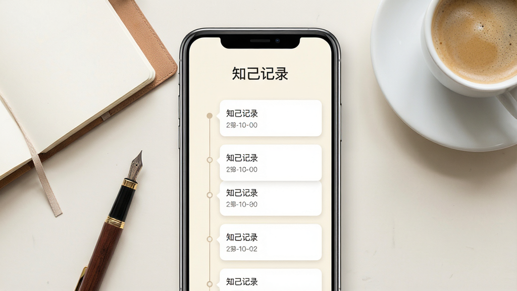 一张展示知己记录软件主界面的手机样机图,画面中央是简洁的卡片式时间线布局,顶部显示“知己记录”四个字,背景为柔和的米白色,周围散落着笔记本、钢笔和一杯咖啡,整体风格清新文艺,光线柔和,画质清晰干净,无多余装饰元素