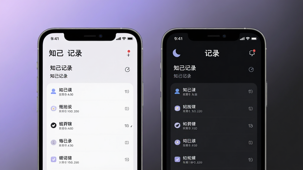 两部手机并排展示,左边手机显示知己记录的浅色主题,右边显示深色夜间主题,屏幕内容均为记录列表,背景为柔和的紫色与深灰色渐变,整体风格简约时尚,文字“知己记录”出现在两部手机屏幕上方,画质干净整洁
