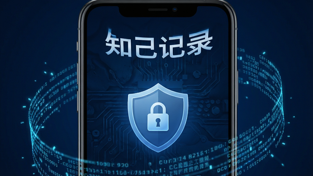 一部手机屏幕显示知己记录的备份与恢复界面,画面中有盾牌图标和锁形标志,背景为深蓝色科技纹理,手机周围环绕着数据流线条,风格稳重安全,文字“知己记录”以白色字体显示在顶部,画质清晰无杂乱元素