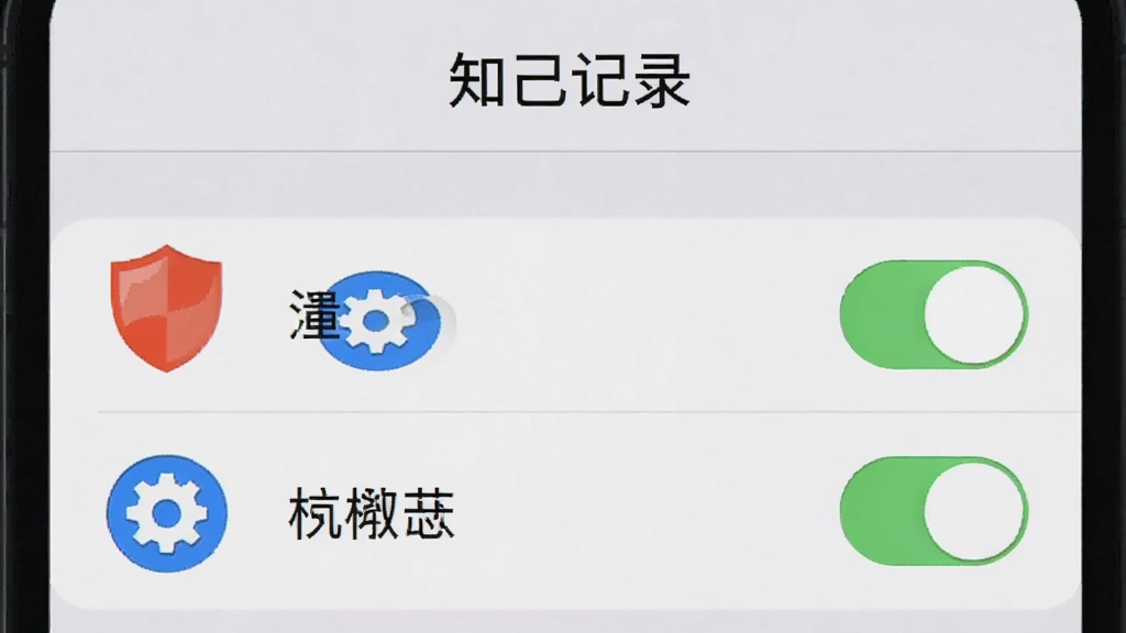 一张手机屏幕截图风格的图片,展示知己记录的权限设置页面,画面中各个权限开关清晰可见,旁边有一个红色的盾牌图标和蓝色的齿轮图标,背景为浅灰色,文字“知己记录”出现在顶部,整体风格简洁直观,画质清晰