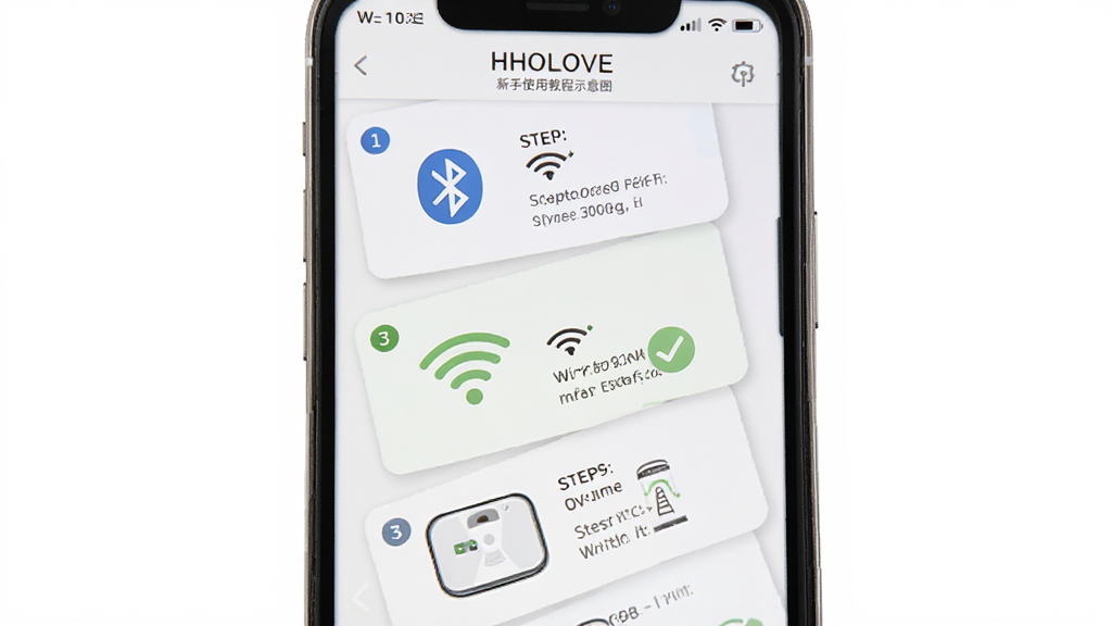 HHOLOVE 新手使用教程示意图,主体是手机屏幕显示设备配网步骤引导页,布局为分步图文卡片纵向排列,排版清晰易读,风格为扁平化指引风,细节包含蓝牙图标、Wi-Fi信号、对勾标记、步骤序号,画质高清,干净无多余元素,背景为纯白