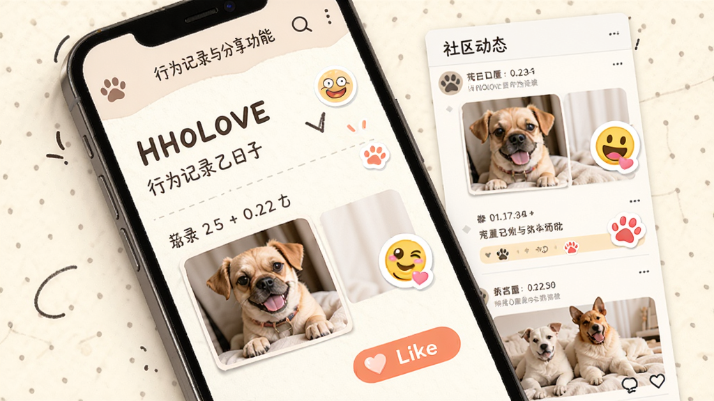 HHOLOVE 行为记录与分享功能,主体是手机屏幕显示宠物日记编辑页面与社区动态流,布局为上下结构,排版活泼,风格为温暖手账风,细节包含宠物照片、时间戳、表情贴纸、点赞按钮,画质高清,干净无多余元素,背景为米白色