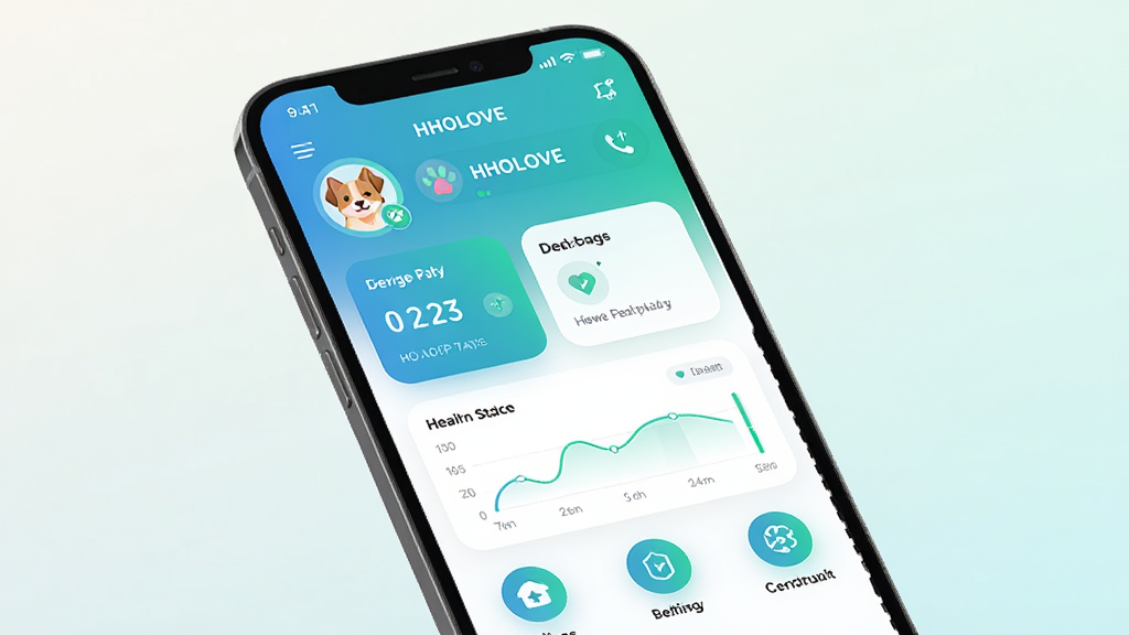 HHOLOVE 智能宠物管理应用界面展示,主体是一部智能手机屏幕显示 HHOLOVE 应用首页,布局包含宠物头像、设备状态卡片、健康数据图表和功能入口图标,排版采用上下结构,风格为现代简约科技风,细节包括渐变蓝绿色调、圆角卡片、宠物插画元素,画质高清 1080P,干净无多余元素,背景为柔和浅色渐变
