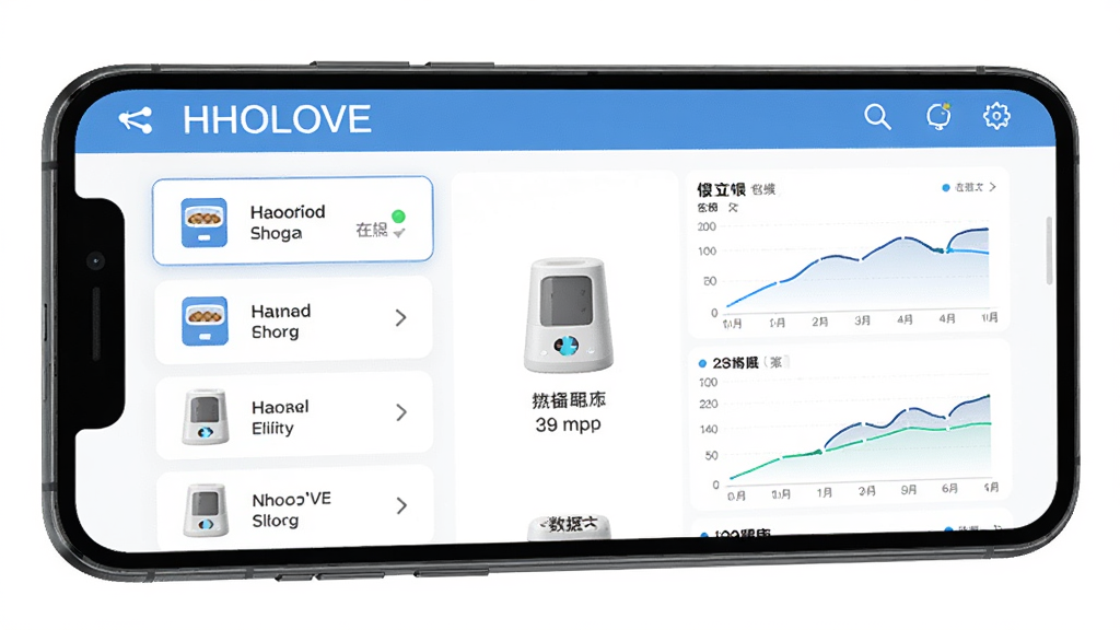 HHOLOVE 智能设备互联功能展示,主体是手机屏幕显示智能猫砂盆和喂食器的连接状态面板,布局为左侧设备列表右侧数据详情,排版清晰,风格为扁平化科技感,细节包含设备图标、在线状态指示灯、数据曲线,画质高清,干净无多余元素,背景为纯白