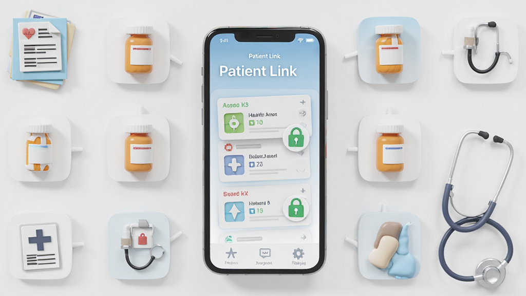 ����Ϊһ�������ֻ���Ļ��ʾ��Patient Link��Ӧ�ý��棬����Ϊ�ֻ����з��������棬��Χ�����Ų����ļ���ҩƿ����������ҽ��Ԫ��ͼ�꣬�Ű�������ķ���״�����Ϊ����3D��Ⱦͼ��ϸ�ڰ�����Ļ�ϵĽ���������Ƭ�����ΰ�ȫͼ�꣬���ʸ��壬�ɾ����޶���Ԫ��